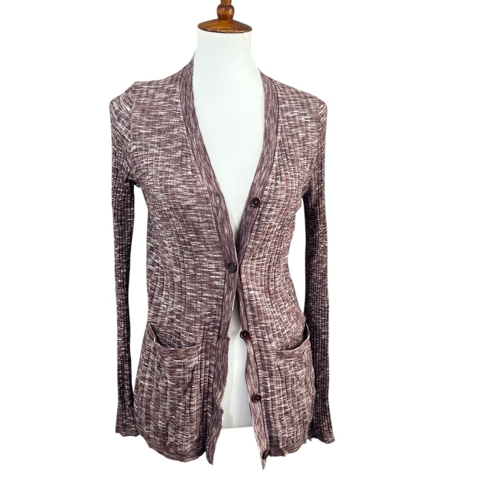 Athleta Revolve Women’s Medium Heathered Brown Ribbed Knit Cardigan Button Front